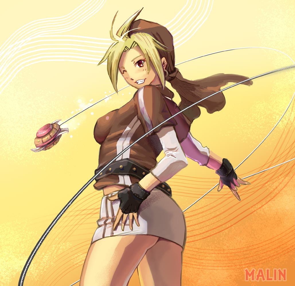 1girl, ;), bandana, belt, blonde_hair, breasts, brown_eyes, earrings