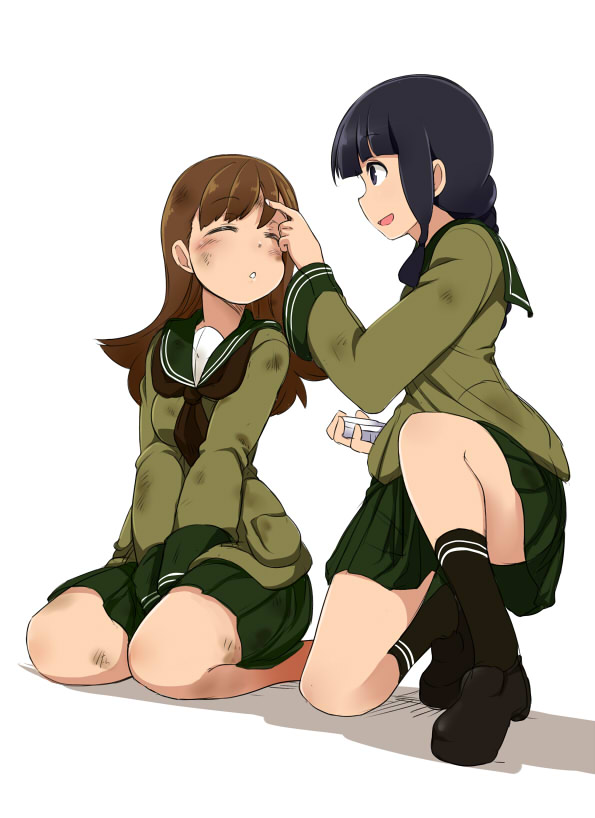 10s, 2girls, black_hair, blunt_bangs, brown_eyes, brown_hair, closed_eyes, dirty