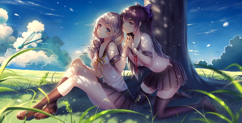 2girls, honkai_gakuen, black_socks, blue_eyes, bow, bug, cloud, dappled_sunlight