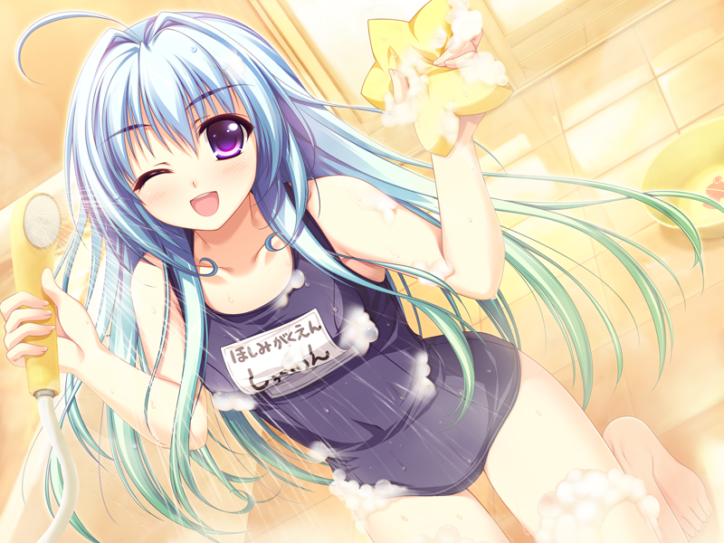 1girl, :d, ;d, ahoge, alpha_(yukai_na_nakamatachi), barefoot, bath, bathroom, blue_hair, blush, dutch_angle, female_focus, game_cg, gradient_hair, happy, indoors, kneeling, long_hair, looking_at_viewer, multicolored_hair, okiba_ga_nai!, one-piece_swimsuit, one_eye_closed, open_mouth, purple_eyes, school_swimsuit, shannon_(okiba_ga_nai!), shower_head, smile, soap_bubbles, solo, sponge, swimsuit, wet