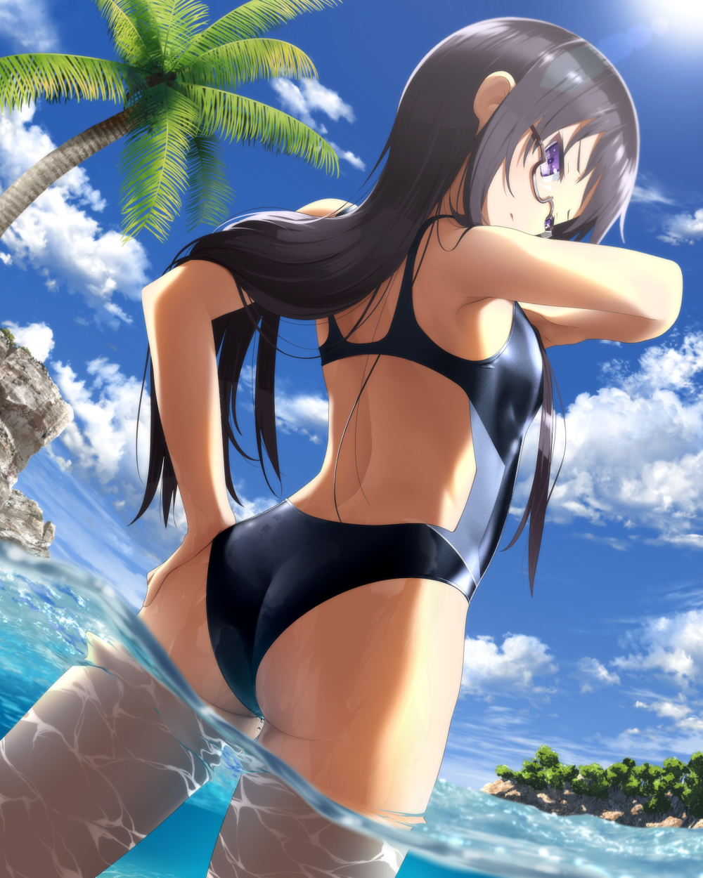 10s, 1girl, ass, back_cutout, bare_shoulders, black_hair, blush, closed_mouth, clothing_cutout, cloud, competition_swimsuit, day, dutch_angle, endou_rino, eyebrows, female_focus, from_behind, glasses, gluteal_fold, goribote, hand_on_own_hip, highres, jinsei, long_hair, looking_at_viewer, looking_back, one-piece_swimsuit, outdoors, palm_tree, purple_eyes, semi-rimless_eyewear, sky, solo, standing, swimsuit, thighs, tree, under-rim_eyewear, underwater, wading, water