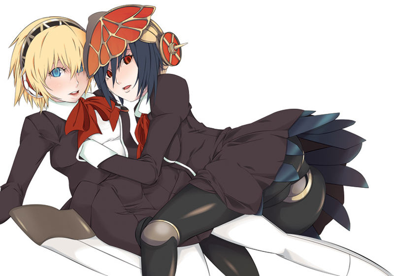 2girls, aigis_(persona), android, atlus, black_hair, blonde_hair, blue_eyes, bow, ghost-q, metis_(persona), multiple_girls, persona, persona_3, persona_3_the_answer, red_eyes, ri, ribbon, school_uniform, serafuku, yuri