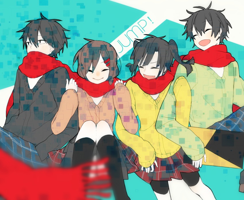 2boys, 2girls, black_hair, closed_eyes, duripu, enomoto_takane, kagerou_project, kisaragi_shintarou