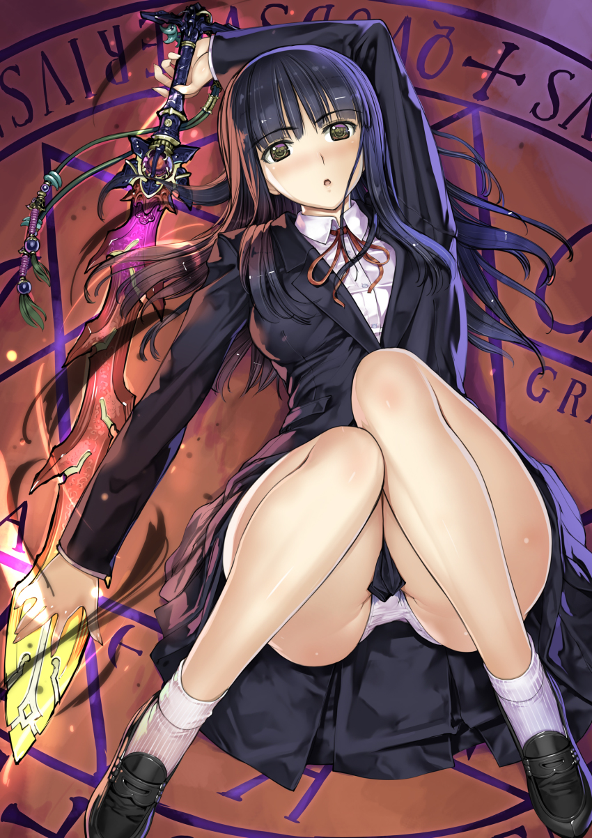 1girl, :o, absurdres, arm_up, bad_id, bad_pixiv_id, black_hair, blazer, breasts, female_focus, highres, jacket, knees_up, loafers, long_hair, lying, magic_circle, medium_breasts, megami_tensei, nakabayashi_reimei, panties, pantyshot, school_uniform, shirasagi_yumiko, shoes, skirt, socks, solo, sword, underwear, upskirt, weapon, yellow_eyes