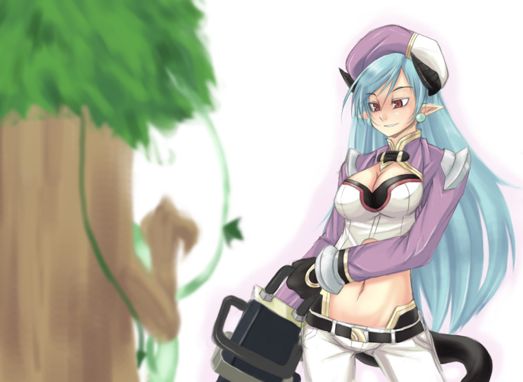 1girl, breasts, chainsaw, cleavage, elf, female_focus, hat, melfis