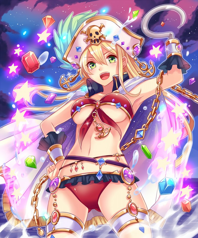1girl, bikini, blonde_hair, cape, female_focus, green_eyes, hat, hook_hand, long_hair, official_art, original, pirate_hat, red_bikini, senjou_no_electro_girl, shina_shina, solo, swimsuit