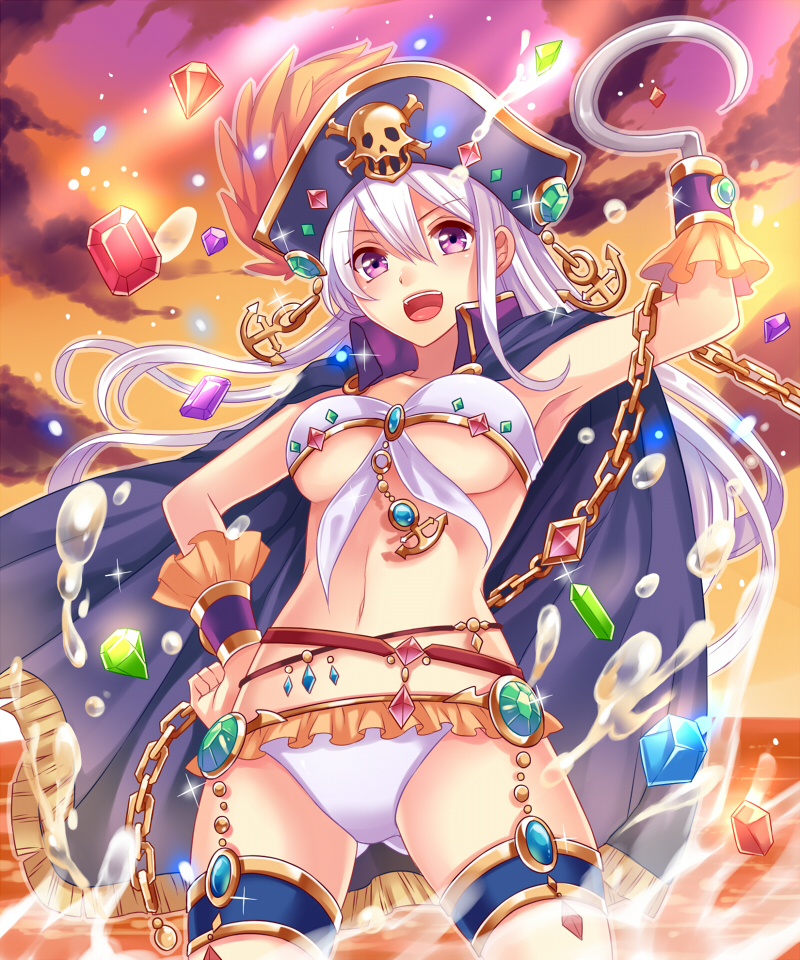 1girl, bikini, cape, female_focus, hat, hook_hand, long_hair, official_art