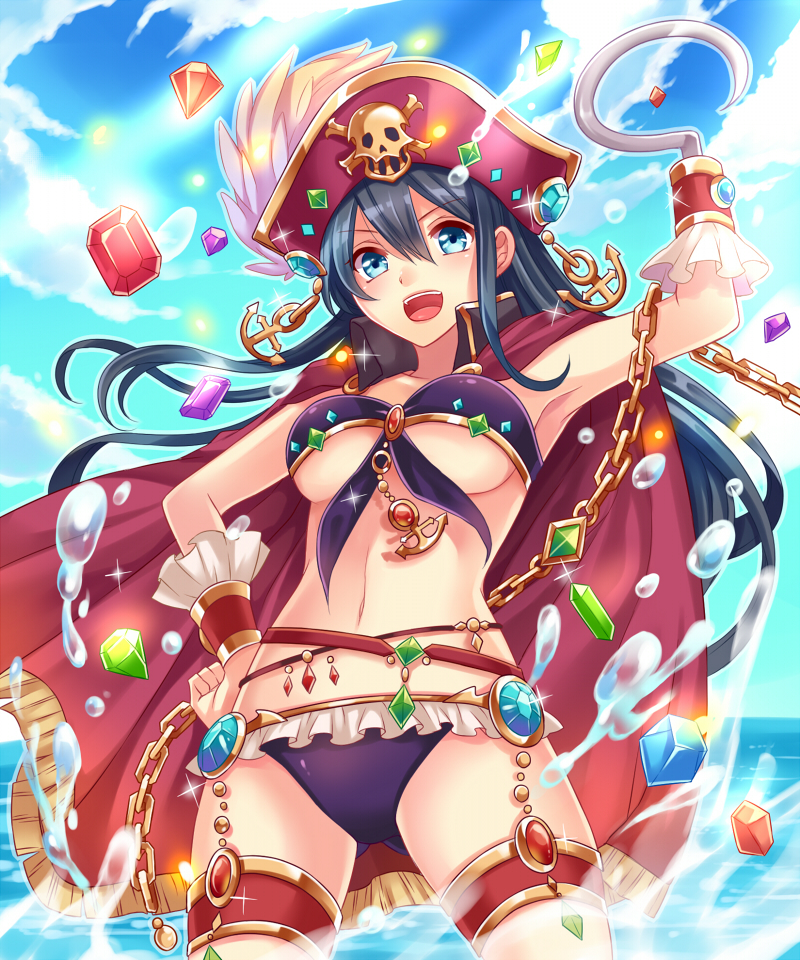 1girl, bikini, black_hair, blue_eyes, cape, female_focus, hat, hook_hand