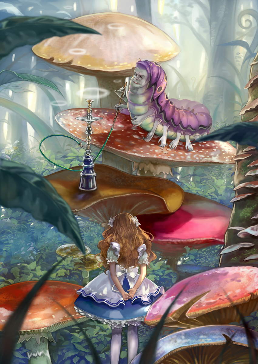 1girl, alice_(alice_in_wonderland), alice's_adventures_in_wonderland, arms_behind_back, bow, brown_hair, caterpillar_(alice_in_wonderland), forest