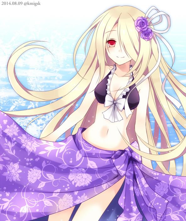 1girl, adapted_costume, bad_id, bad_pixiv_id, bikini, bikini_top_only, blonde_hair, blush