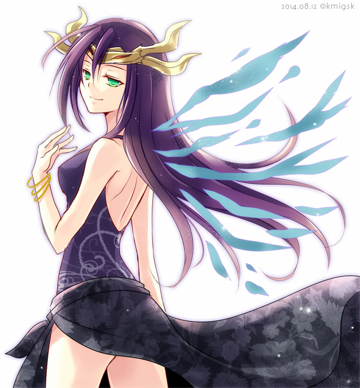 1girl, alternate_costume, back, bad_id, bad_pixiv_id, bangle, bare_shoulders, bracelet, dated, dress, energy_wings, female_focus, floral_print, gender_request, genderswap, green_eyes, halterneck, headpiece, jewelry, light_particles, light_smile, loki_(p&amp;d), long_hair, looking_back, lots_of_jewelry, purple_dress, purple_hair, puzzle_&amp;_dragons, simple_background, sleeveless, sleeveless_dress, solo, tsubaki-chisa, twitter_username, very_long_hair, white_background, wings