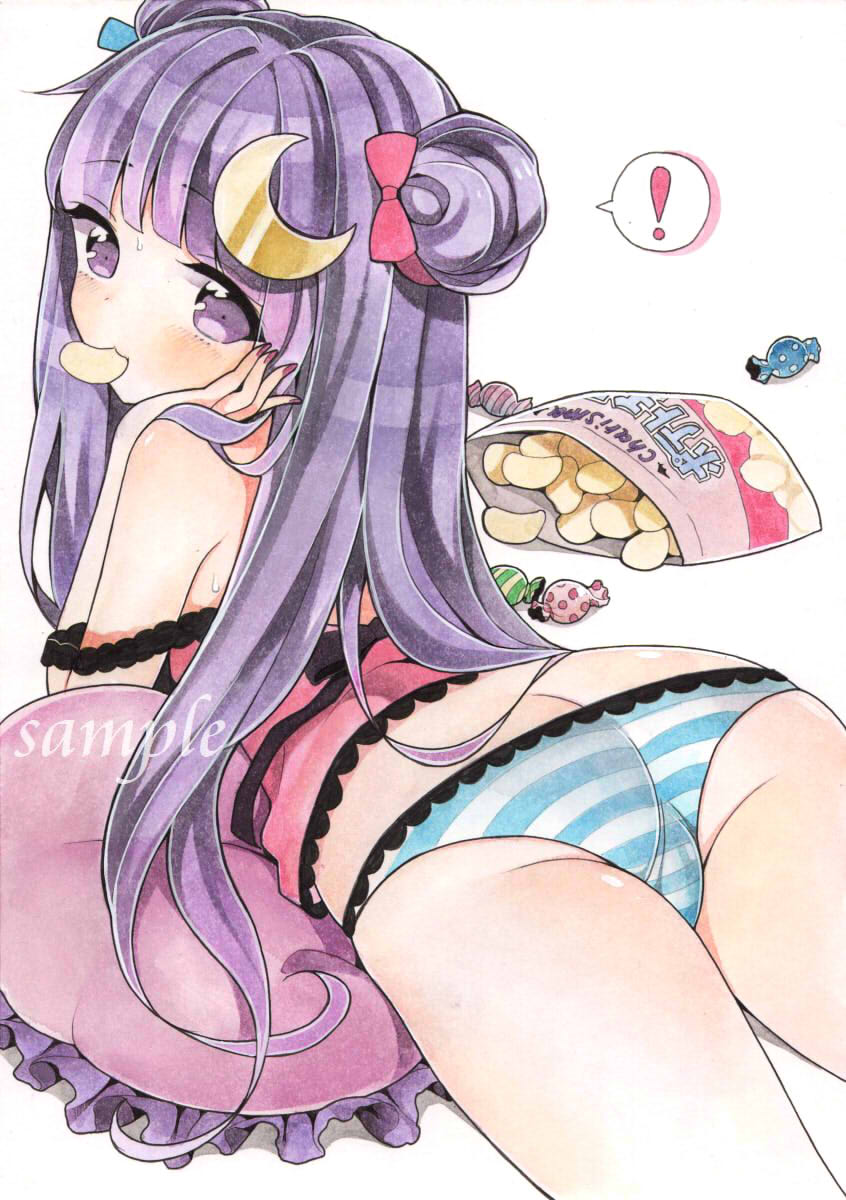 1girl, ass, blush, butt_crack, candy, chips_(food), crescent, eating, female_focus, food, food_in_mouth, from_behind, highres, long_hair, looking_at_viewer, looking_back, lying, mugicha_(mugicha0929), on_stomach, painting_(medium), panties, patchouli_knowledge, pillow, purple_hair, sample_watermark, solo, striped, touhou, traditional_media, trefoil, underwear, underwear_only, watercolor_(medium), watermark