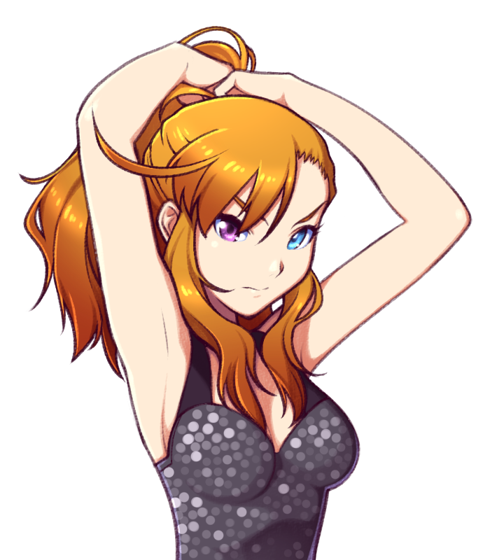 10s, 1girl, ahoge, armpits, arms_up, bare_shoulders, blue_eyes, breasts