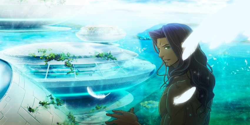 1boy, bad_id, bad_pixiv_id, brown_hair, city, dunban_(xenoblade), facial_hair, feathers