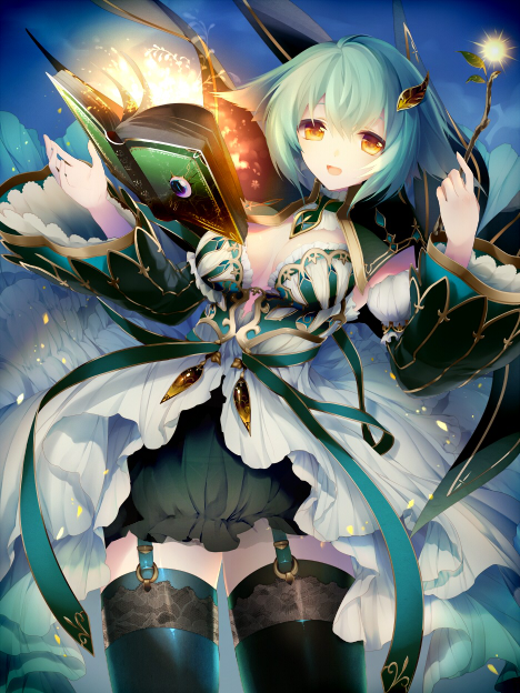 1girl, :d, bad_id, bad_pixiv_id, book, breasts, brown_eyes, cleavage, dress, female_focus, garter_straps, green_dress, hair_ornament, large_breasts, looking_at_viewer, matataki, open_mouth, original, short_hair, smile, solo, wand