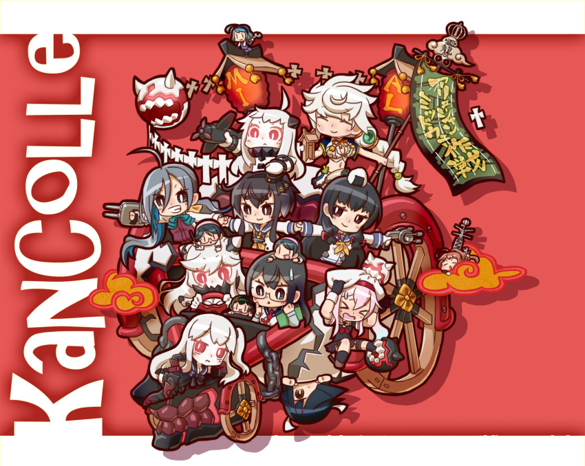 >_<, 10s, 6+girls, :<, :3, abyssal_ship, ahoge, aircraft, aircraft_carrier_oni, aircraft_carrier_princess, airplane, black_eyes, black_hair, blonde_hair, blue_eyes, blue_hair, braid, brown_eyes, brown_hair, chain, chaki_(teasets), chibi, chibi_on_head, cleavage_cutout, closed_eyes, clothing_cutout, fairy_(kancolle), flag, fleet_command_facility, food, glasses, gradient_hair, green_hair, grin, hair_over_one_eye, hairband, harusame_(kancolle), hayashimo_(kancolle), highres, holding_hands, horns, isonami_(kancolle), kantai_collection, kiyoshimo_(kancolle), midriff, midway_princess, mittens, multicolored_hair, multiple_girls, navel, northern_ocean_princess, on_head, one_side_up, onigiri, ooyodo_(kancolle), open_mouth, pale_skin, red_eyes, rigging, ship_turret, side_ponytail, skilled_carrier-based_aircraft_maintenance_personnel, smile, sweatdrop, tokitsukaze_(kancolle), type_13_air_radar_kai, unryuu_(kancolle), wacky_races, white_hair, wrench