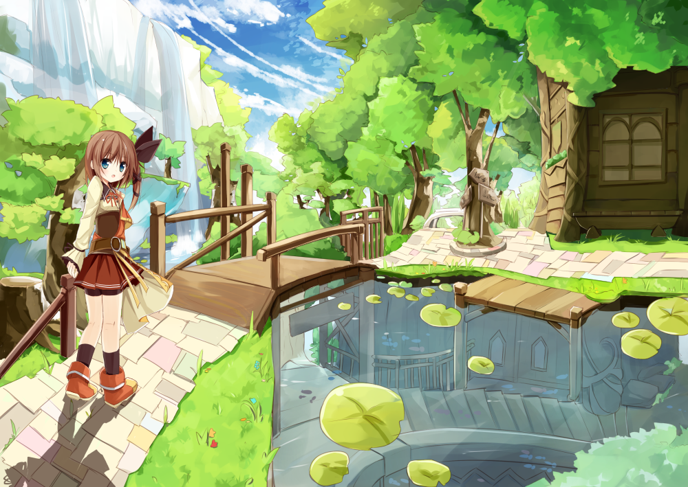 1girl, blue_eyes, brown_hair, casual, female_focus, hair_ribbon, looking_at_viewer, lucena_winter