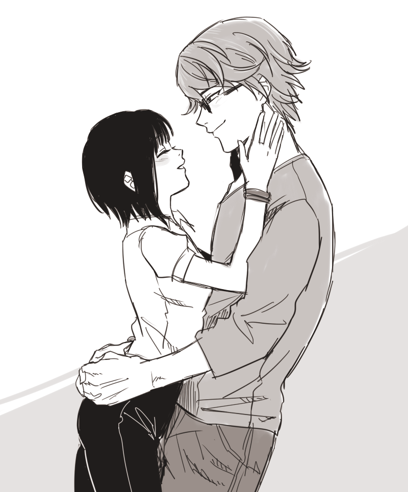 10s, 1boy, 1girl, black_hair, choco_(nnsk3), couple, glasses, hand_on_another's_cheek, hand_on_another's_face, hetero, nishino_kimi, nishio_nishiki, short_hair, tokyo_ghoul