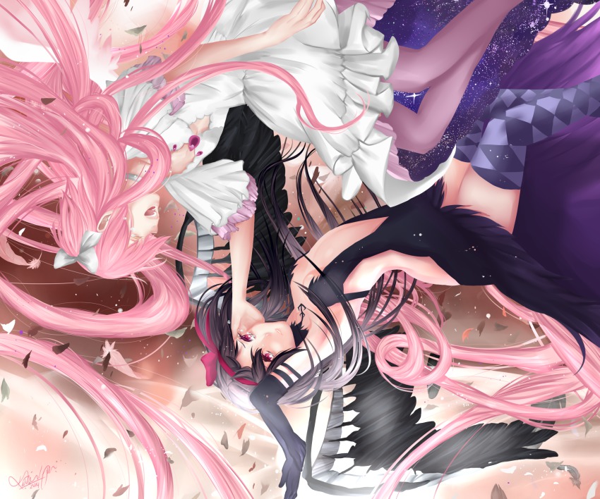 10s, 2014, 2girls, absurdly_long_hair, akemi_homura, akuma_homura, argyle_clothes, argyle_legwear