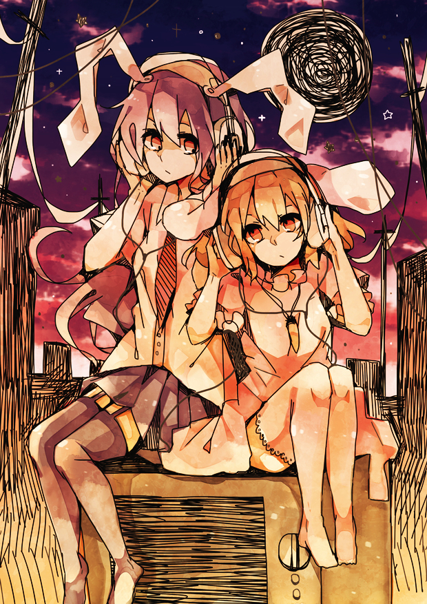 2girls, animal_ears, bad_id, bad_pixiv_id, black_legwear, brown_hair, rabbit_ears, hazuki_shino, headphones, inaba_tewi, jewelry, long_hair, multiple_girls, necktie, pendant, purple_hair, red_eyes, reisen_udongein_inaba, thighhighs, touhou, white_legwear