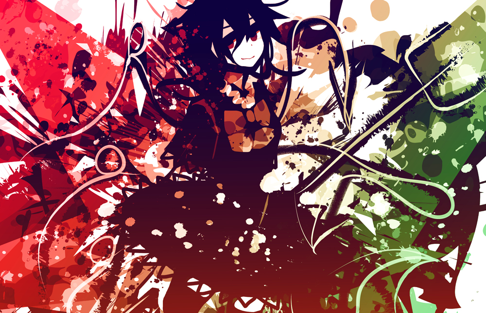 1girl, asymmetrical_wings, bad_id, bad_pixiv_id, black_hair, black_legwear, female_focus, hazuki_shino, houjuu_nue, polearm, red_eyes, solo, touhou, trident, weapon, wings