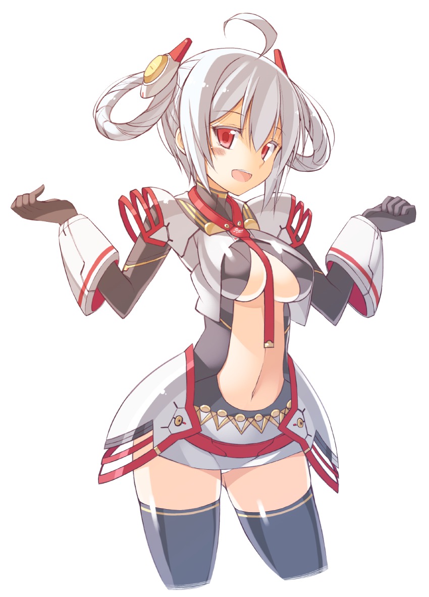 1girl, ahoge, black_gloves, black_thighhighs, blush, breasts, brown_gloves, center_opening