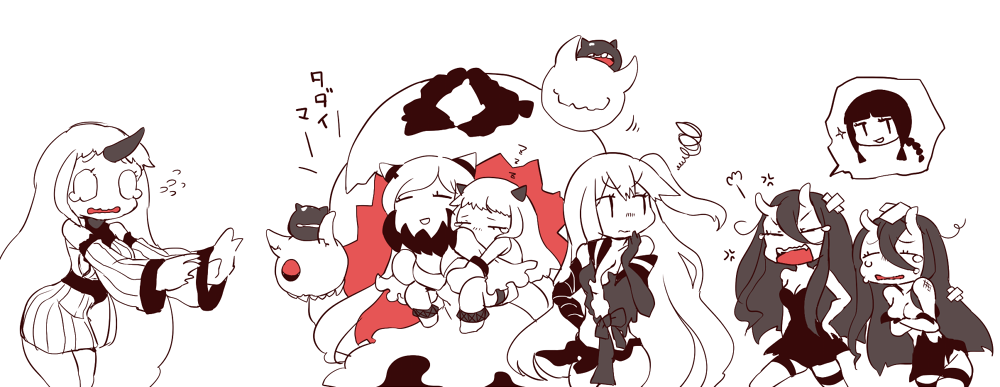 10s, 6+girls, abyssal_ship, ahoge, aircraft_carrier_princess, bandaid, battleship_princess, black_dress, black_hair, bluetenbin, breasts, bruise, carrying, claws, colored_skin, crying, crying_with_eyes_open, detached_sleeves, dress, dual_persona, flying_sweatdrops, horns, injury, kantai_collection, kitakami_(kancolle), long_hair, midway_princess, mittens, multiple_girls, northern_ocean_princess, one_side_up, pale_skin, piggyback, seaport_princess, short_dress, side_ponytail, simple_background, single_horn, skin-covered_horns, tears, translation_request, white_background, white_dress, white_hair, white_skin, zzz