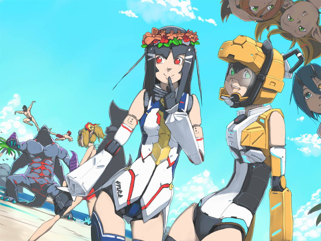 akinbo_(hyouka_fuyou), android, armor, bad_id, bad_pixiv_id, beach, black_hair, black_male_swimwear, black_swim_briefs, echo_(pso2), fourie, green_eyes, hair_ornament, huey_(pso2), io_(pso2), ionia_series, lisa_(pso2), long_hair, male_swimwear, monster, multiple_boys, multiple_girls, org_blan, patty_(pso2), phantasy_star, phantasy_star_online_2, ranks_series_(pso2), red_eyes, red_male_swimwear, red_swim_trunks, swim_briefs, swim_trunks, swimsuit, tear_(pso2), tiea, zeno_(pso2)