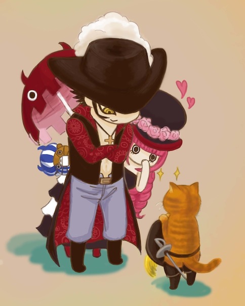 black_headwear, cat, dracule_mihawk, hat, kumacy, lynol, one_piece, perona, stuffed_toy, toy, umbrella, yellow_eyes