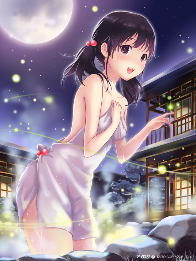 1girl, :d, akiyama_minaki, architecture, bare_shoulders, black_eyes, black_hair, breasts, building, collarbone, copyright_name, east_asian_architecture, female_focus, fireflies, full_moon, hair_bobbles, hair_ornament, ilog, looking_at_viewer, moon, naked_towel, night, occhan_(11715), official_art, onsen, open_mouth, rock, sky, small_breasts, smile, solo, steam, towel, twintails, wet