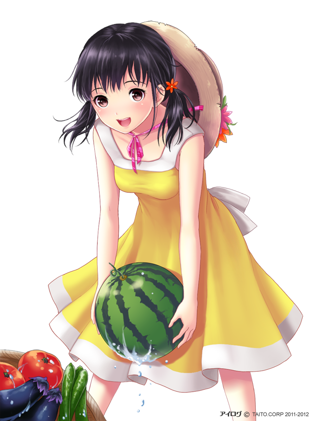 1girl, :d, akiyama_minaki, black_hair, carrying, cucumber, dress, eggplant