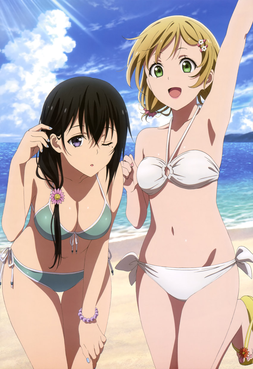 10s, 2girls, :d, ;o, absurdres, arm_up, beach, bikini, black_hair, blonde_hair, breasts, cleavage, cloud, day, full_body, green_eyes, hair_ornament, hairclip, highres, jamie_hazaford, medium_breasts, mole, mole_under_eye, multiple_girls, no_socks, non-web_source, nyantype, ocean, official_art, one_eye_closed, open_mouth, outdoors, purple_eyes, sandals, scan, shirogane_no_ishi_argevollen, short_hair, side-tie_bikini_bottom, side_ponytail, sky, small_breasts, smile, suzushiro_saori, swimsuit, thigh_gap, water