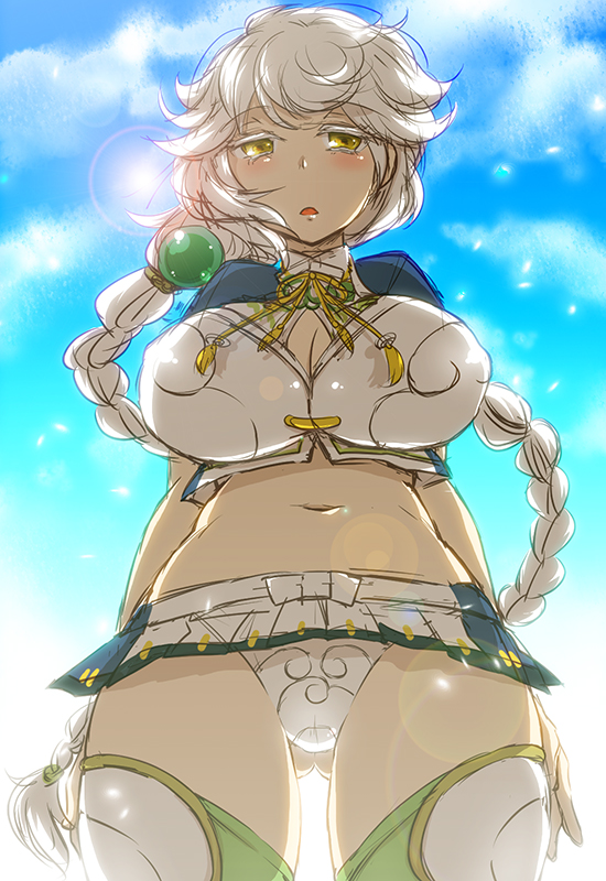 10s, 1girl, arms_at_sides, bad_id, bad_pixiv_id, braid, breasts, cleavage_cutout, clothing_cutout, cloud_print, colored_eyelashes, commentary_request, from_below, hair_ornament, jitome, kantai_collection, large_breasts, long_hair, looking_at_viewer, matsuzono, midriff, miniskirt, navel, panties, pantyshot, pleated_skirt, silver_hair, single_braid, skirt, standing, tareme, thighhighs, translation_request, underwear, unryuu_(kancolle), upskirt, very_long_hair, wavy_hair, yellow_eyes, zettai_ryouiki