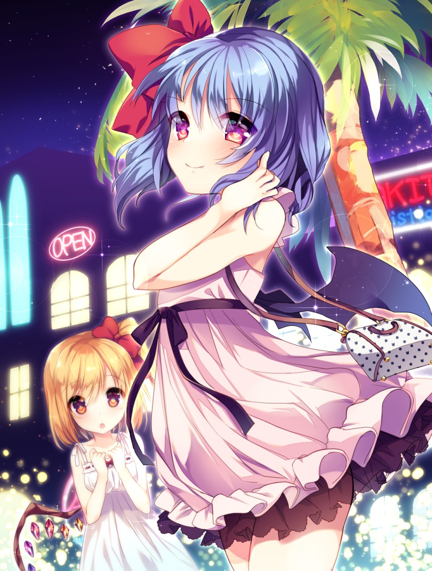 2girls, :o, alternate_costume, bag, bat_wings, blonde_hair, blue_hair, blush