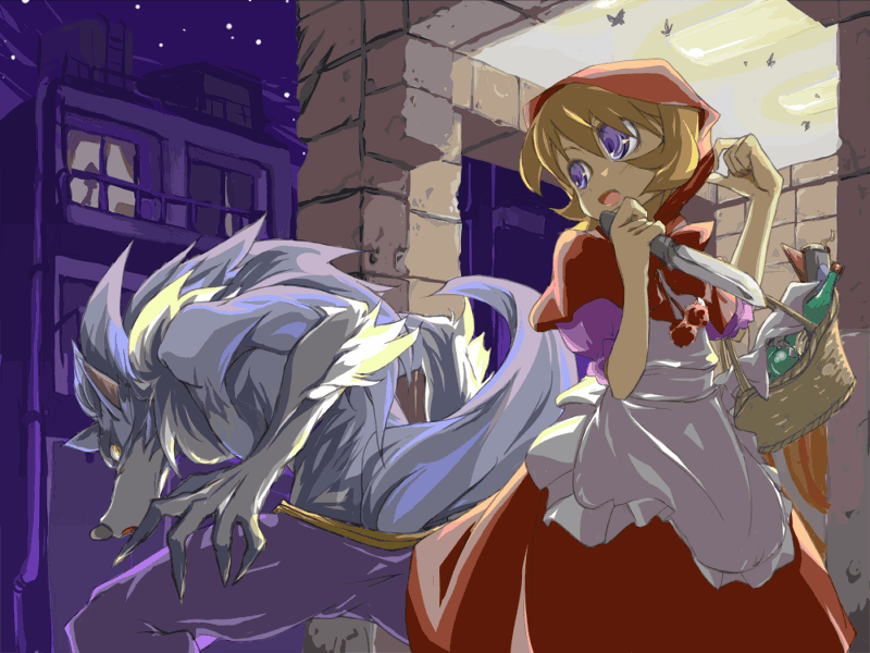 animal_ears, apron, b.b._hood, basket, blonde_hair, blue_eyes, capcom, claws, darkstalkers, dress, furry, furry_female, furry_male, hood, jon_talbain, knife, looking_back, night, open_mouth, short_hair, sky, tail, werewolf, wolf_ears, yellow_eyes, yomi_(artist)