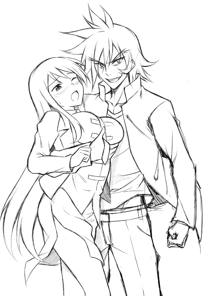 1boy, 1girl, ;o, bad_id, bad_pixiv_id, belt, blush, breasts