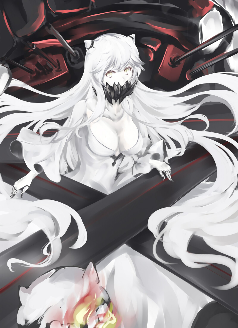 10s, 1girl, abyssal_ship, black_nails, breasts, collarbone, colored_skin, covered_mouth