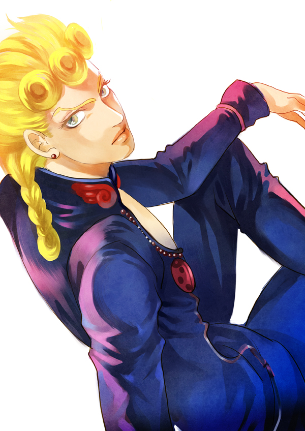 1boy, blonde_hair, blue_eyes, braid, bug, earrings, giorno_giovanna, insect