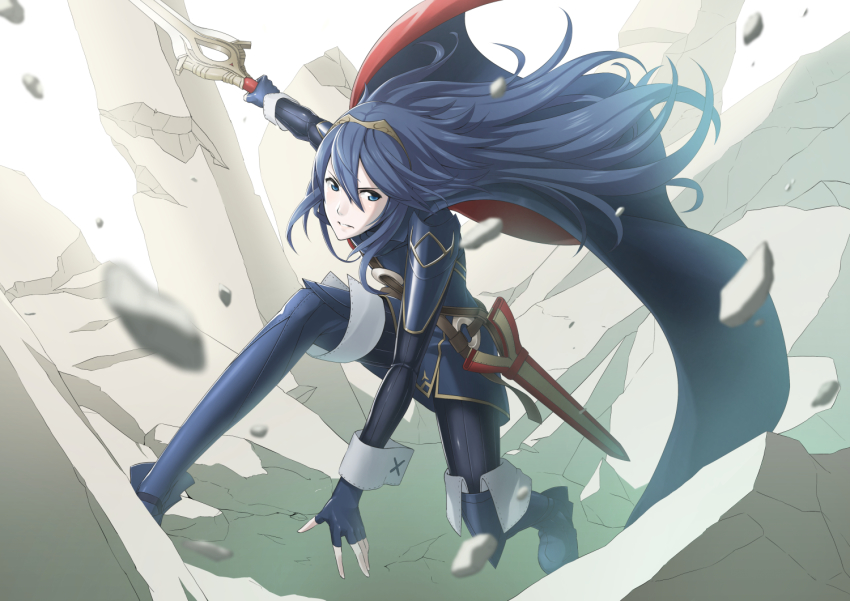 1girl, blue_eyes, blue_hair, boots, cape, female_focus, fingerless_gloves, fire_emblem