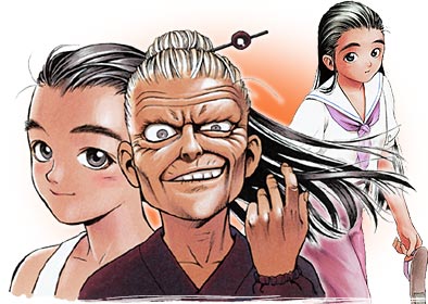 2girls, atlus, bare_shoulders, black_hair, blush, evil_smile, gouketsuji_ichizoku, gouketsuji_otane