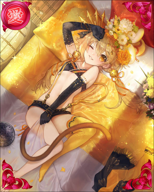 1girl, artist_request, bell, black_gloves, blonde_hair, blush, breasts, brown_eyes, couch, female_focus, flower, gloves, jpeg_artifacts, long_hair, lying, minokichi_(sengoku_bushouki_muramasa), official_art, one_eye_closed, pillow, sengoku_bushouki_muramasa, shorts, single_thighhigh, small_breasts, smile, solo, suspenders, tail, thighhighs, toyotomi_hideyoshi_(sengoku_bushouki_muramasa), twintails, yellow_thighhighs