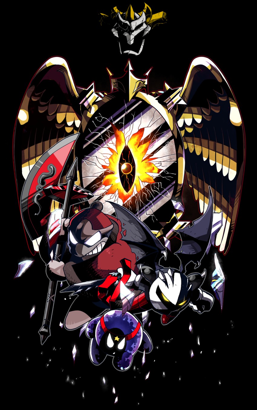 3boys, axe, broken_glass, dark_meta_knight, dark_mind, dimension_mirror, glass, glowing