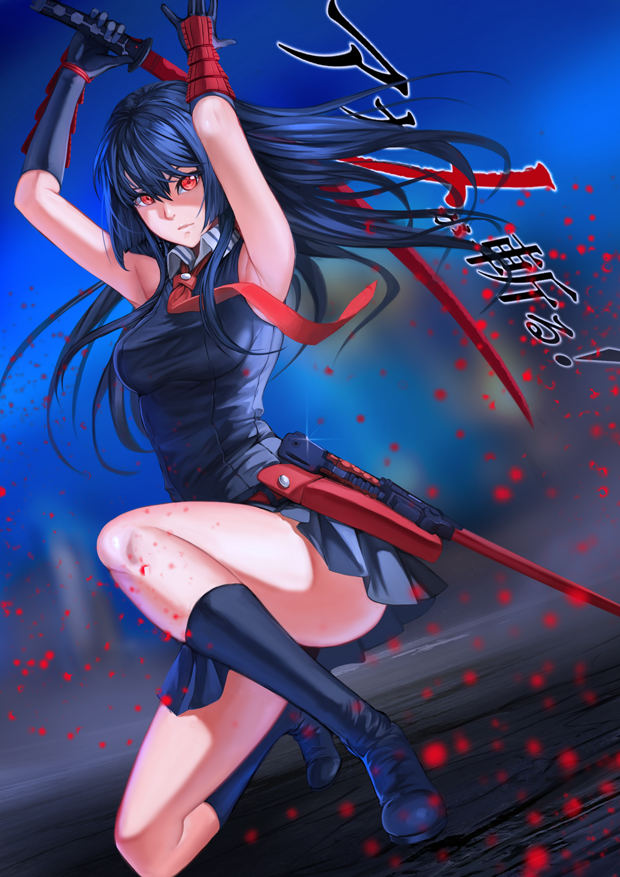 10s, 1girl, akame_(akame_ga_kill!), akame_ga_kill!, armpits, arms_up, black_hair, blood