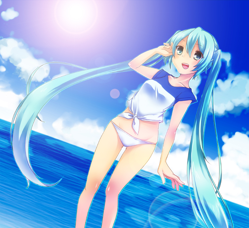 1girl, aqua_eyes, aqua_hair, bikini, bikini_bottom_only, cloud, crop_top, day, dutch_angle, female_focus, front-tie_top, hatsune_miku, lens_flare, long_hair, mikoko_(mg2), ocean, open_mouth, shirt, sky, solo, sun, swimsuit, tied_shirt, twintails, very_long_hair, vocaloid, water, white_bikini