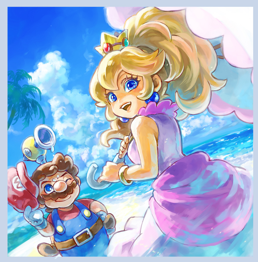 1boy, 1girl, alternate_costume, alternate_hairstyle, beach, belt, brown_hair, cloud