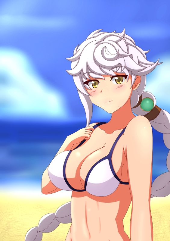 10s, 1girl, alternate_costume, arm_at_side, bare_shoulders, beach, bikini, braid