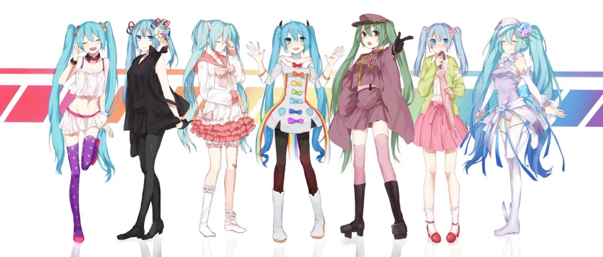 6+girls, :d, aria_(vocaloid), bandaid, bandaid_on_knee, bandaid_on_leg, black_gloves, black_socks