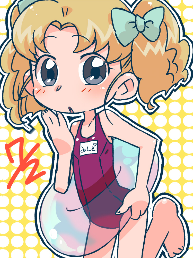 1girl, blonde_hair, blue_eyes, blush, female_focus, minto_wada, ojamajo_doremi, one-piece_swimsuit, open_mouth, rapisu, solo, swimsuit, twintails