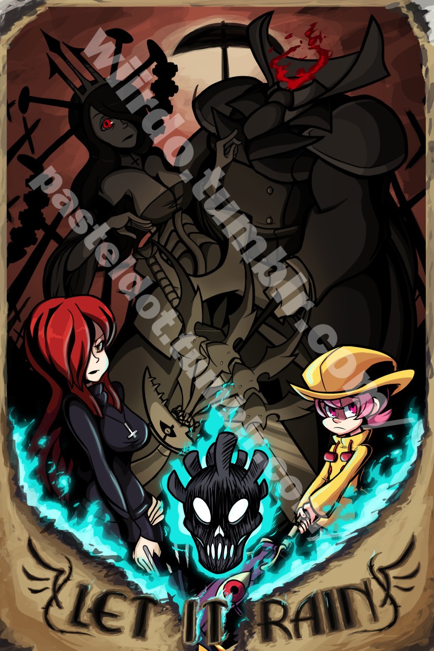 3girls, blush, cross, dress, eyelashes, family, hair_over_one_eye, headless, heart, height_difference, highres, hungern_(skullgirls), king_franz_renoir, krieg_(skullgirls), long_hair, multiple_girls, nose, panties, pantyshot, parasoul_(skullgirls), parody, pasteldot, pink_eyes, pink_hair, queen_nancy_renoir, raincoat, red_hair, short_hair, siblings, sisters, skull_heart, skullgirls, standing, sweater, sweater_dress, todd_(skullgirls), twintails, umbrella, umbrella_(skullgirls), underwear, white_panties, wiirdo, yellow_eyes