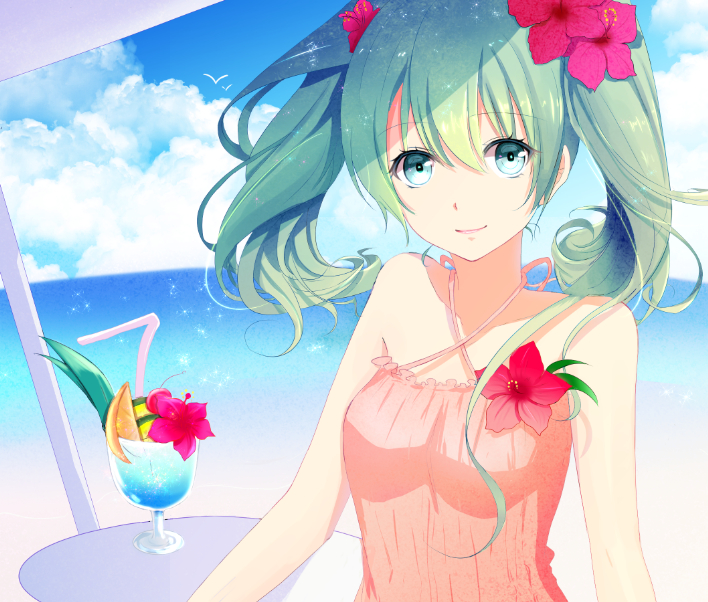 1girl, aqua_eyes, aqua_hair, beach, day, dress, drink, female_focus